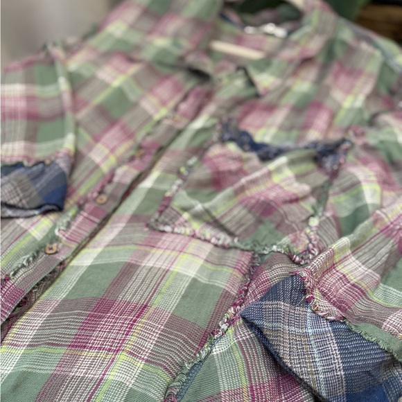 Free People Plaid Patchwork Ruffle Button-Up Flannel Shirt XS 💎EUC Retail $179 - Picture 7 of 8